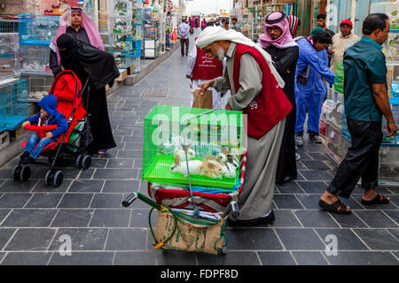 Ein Markt-Porter bereitet, eingesperrte Tiere für einen Kunden, Souk Waqif, Doha, Katar zu transportieren Stockfoto