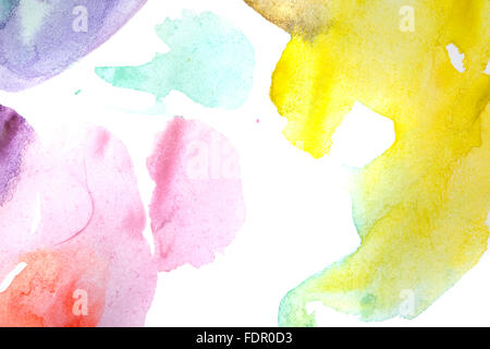 Aquarell abstrakte Kunst. Zeichnung in der Kinder Stil. Gelb, lila, blau, Aquamarin Schattierungen. Design-Elemente. Stockfoto