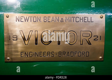 Typenschild auf dem Display an Bradford Industrial Museum, Bradford, Yorkshire, Großbritannien Stockfoto