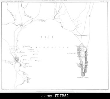 Spanien-GIBRALTAR: Baie Algésiras Algeciras Kampagne 1801. Französische Flotte, 1859-Karte Stockfoto