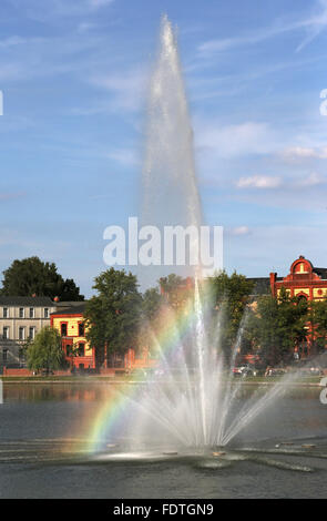 Schwerin, Deutschland, mit Blick auf die Wasserfontaene in Pfaffenteich Stockfoto