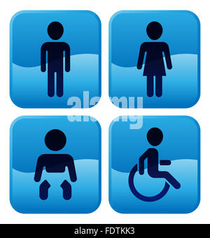 Toilette oder WC Zeichen für männlich und weiblich, Baby, Umkleideraum und zugänglich Stockfoto