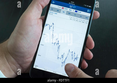 Diagramm der Wechselkurs von Euro und Pfund Sterling auf XE Preise Währung Exchange app auf dem iPhone 6 Plus Smartphone Stockfoto