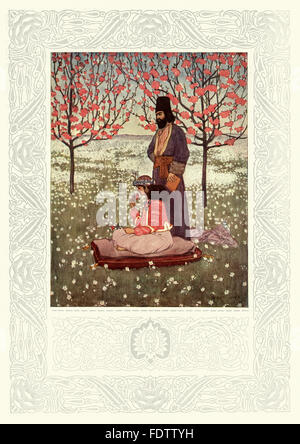 Eine Szene aus der Rubaiyat von Omar Khayyam. Ach, sollte, dass der Frühling mit der Rose verschwinden. von Gilbert James. Rubaiyat von Omar Kh Stockfoto