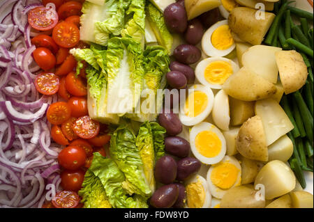 Salat mit gekochten Eiern, Tomaten, Salat, Oliven, grüne Bohnen, Zwiebeln und Salzkartoffeln Stockfoto