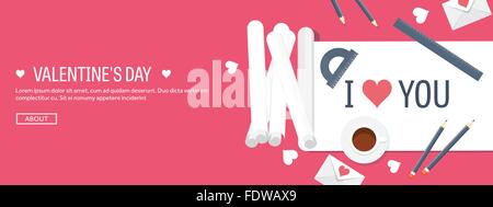 Vektor-Illustration. Flache Hintergrund mit Papier, Umschlag. Liebe, Herzen. Valentines Day. Mein Valentin sein. 14 Februar. Stock Vektor