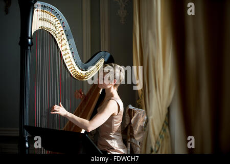 Eine Harfenistin, spielen mit der Sonne durch das Fenster in einem alten Veranstaltungsort in Hove, Sussex, UK. Stockfoto