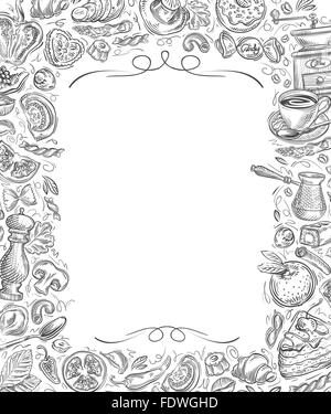 Menü. Vektor Skizzen gezeichnet Speisen und Getränke auf weißem Hintergrund Stock Vektor