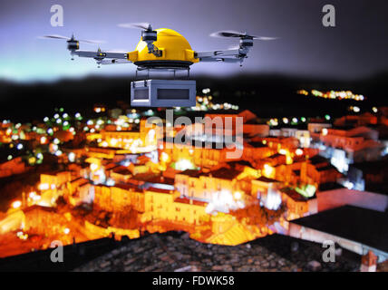 3D moderne Drohne fliegen in der Nacht über die Stadt Stockfoto