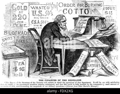 JEFFERSON DAVIS (1808 – 1889) Präsident der Konföderierten Staaten sieht sich ihre finanziellen Probleme in einer Karikatur von Harpers Weekly 6. September 1862 Stockfoto