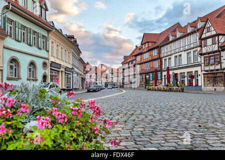 Traditionelle deutsche Fachwerkhäuser in Quedlinburg, Deutschland Stockfoto