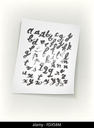 Blatt Papier mit Tinte Alphabet. Design-Elemente wurden mit chinesischer Tusche und Kalligrafie Stift erstellt. Stock Vektor