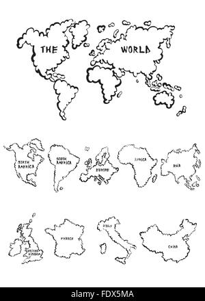 Cartoon Karten Sammlung, die eine Weltkarte, eine Auswahl der Kontinente und Länder enthalten. Stock Vektor