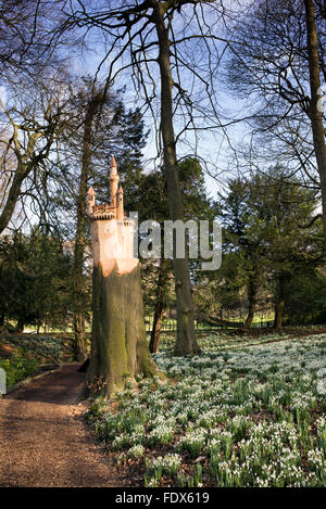 Schloss Baum Skulptur und Schneeglöckchen in Painswick Rokoko Gardens. Cotswolds, Gloucestershire, UK Stockfoto