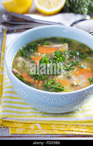 Zitrone-Nudeln-Hühnersuppe mit Orzo und Petersilie Stockfoto