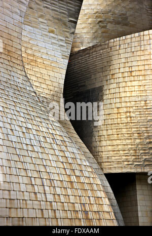 "Detail" vom Guggenheim-Museum neben Fluss Nervion (ria del Nervion), Bilbao, Baskenland (Pais Vasco), Spanien. Stockfoto