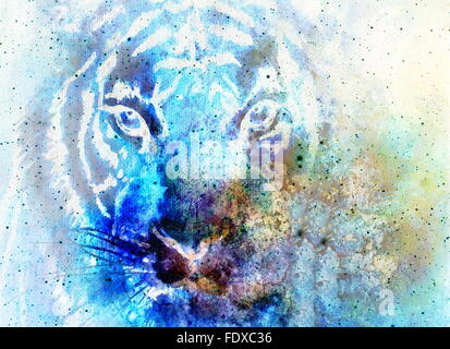 Tigerkopf im Raum mit Sternen, Computer-Collage. Stockfoto