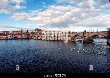 Schöne Aussicht auf Pragerburg und Karlsbrücke über die Moldau Stockfoto