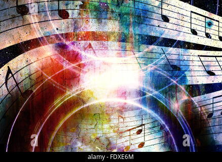 Musiknote und Abstrtact Farbe Hintergrund. Flecken-Hintergrund. Stockfoto