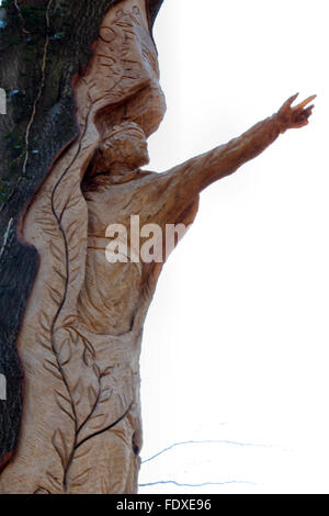 Holzschnitzerei von Owain Glyndwr auf von Baum Carver Simon O'Rourke in Plas macht Woods Bersham Wrexham Stockfoto