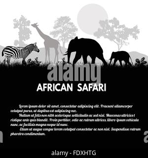 African Safari Plakat. Wilde Tiere Silhouetten auf Sonnenuntergang mit Platz für Ihren Text, Vektor-illustration Stock Vektor