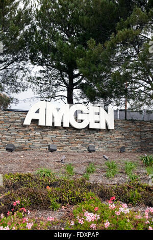 Ein Zeichen von Amgen ist am Stammsitz in Thousand Oaks, Kalifornien gesehen. Stockfoto