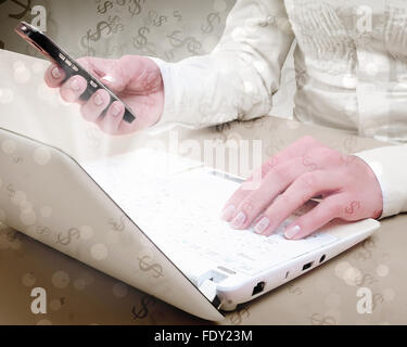 Collage mit weißen Laptop-Computer und Symbole der Kommunikation Stockfoto