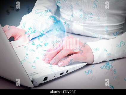 Collage mit weißen Laptop-Computer und Symbole der Kommunikation Stockfoto