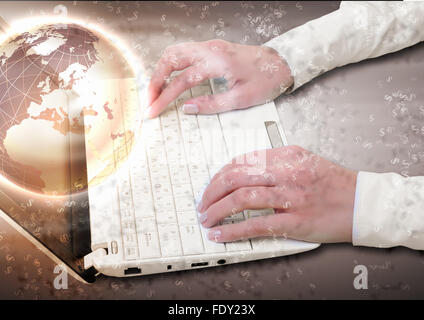 Collage mit weißen Laptop-Computer und Symbole der Kommunikation Stockfoto