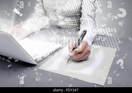 Collage mit weißen Laptop-Computer und Symbole der Kommunikation Stockfoto