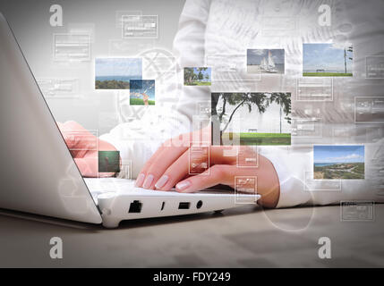 Collage mit weißen Laptop-Computer und Symbole der Kommunikation Stockfoto
