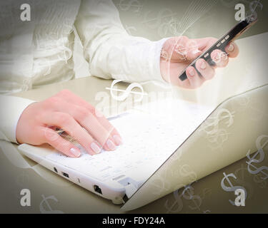 Collage mit weißen Laptop-Computer und Symbole der Kommunikation Stockfoto