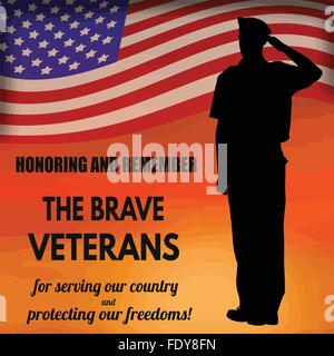 Veterans Day Plakat mit US-Armee Soldaten salutieren, die amerikanische Flagge Stock Vektor