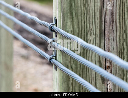 Nahaufnahme von drei parallelen Metallkabeln befestigt, um Holz-Block, mit Vorder- und Hintergrund unscharf. Stockfoto