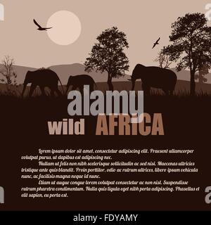 African Safari Plakat. Wilde Tiere Silhouetten auf Sonnenuntergang mit Platz für Ihren Text, Vektor-illustration Stock Vektor