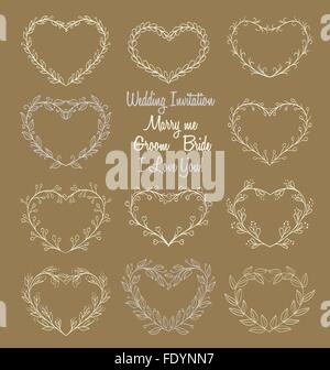 die Hand gezeichnete Kränze in Herz-Form-Frame auf braunem Hintergrund. Doodle-Vektor-illustration Stock Vektor