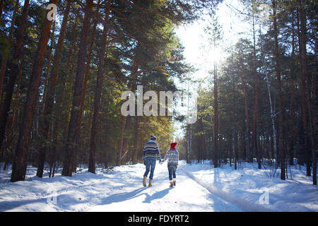 Rückansicht des Paares in Jeans und Pullover Wandern im Winterwald Stockfoto