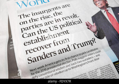 Beobachter Zeitung Schlagzeile amerikanischen Wahlkandidaten Bernie Sanders und Trump in britischen Zeitungen 24. Januar 2016 London UK Stockfoto