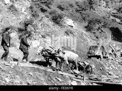 Das Motiv aus der Nationalsozialistischen Propaganda weitergeleitet Straßenbauarbeiten der Organisation Todt in Südosteuropa, Aufgenommen Im Juli 1943. Sterben die Nationalsozialistische Propaganda Auf der Rückseite des Bildes Lautet: "Straßenbau Im Südosten - Meisterleistungen Unserer Frontarbeiter. Der Strassenbau Im Südosten Soll die Voraussetzung Für Eine Gründliche Wirtschaftliche Erschliessung Schaffen. Sterben Sie, sterben Bei der Durchführung aber jedesmal in Das Organisationstalent der OT, Anforderungen, Das Wissen der Ingenieure Und Das Können Jedes Einzelnen Arbeiters Gestellt Werden, Sind Nicht Gering. Evolutionen Stockfoto