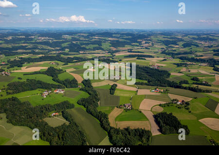 Antenne, Landwirtschaft, Landwirtschaft, Felder und Wiesen und Wäldern am Fuße der Alpen in Linz, eine der Pram Taufkirchen, Stockfoto