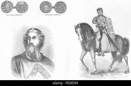 Könige/Münzen: Edward ich; Penny Henry III, I, antiken print 1845 Stockfoto