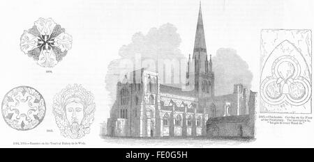 CHICHESTER: Kathedrale, Rosetten, schnitzen, antique print 1845 Stockfoto