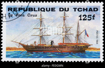 Republik Tschad - CIRCA 1984: eine Briefmarke gedruckt in Republik Tschad zeigt das Schiff "Le Vera Cruz" Stockfoto