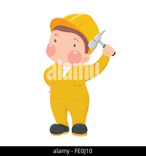 Vector Illustration Service Mechaniker Arbeiter in gelb Berufsbekleidung und Helm White Hammer-Cartoon-Figur festhalten Stock Vektor
