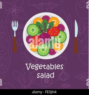 Frisches Gemüse-Salat mit Olivenöl auf violettem Hintergrund Stock Vektor