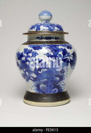 Vintage chinesischen blauen und weißen Porzellanvase und Cover gemalt mit einem Vogel auf einem blühenden Ast, alle gegen ein Knistern Stockfoto