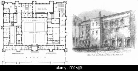 SUSSEX: Buckhurst House Plan; Priorat, Christs Hosp'l, antique print 1845 Stockfoto