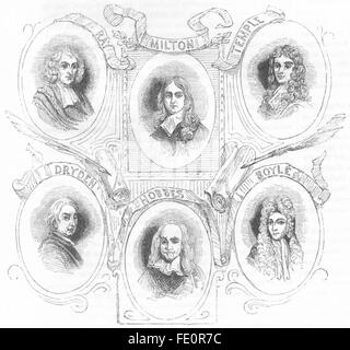 Porträts: Milton, Ray, Tempel, Dryden, Hobbes, Boyle, antiken print 1845 Stockfoto