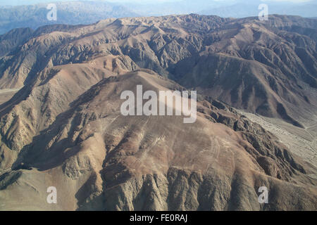 Luftaufnahme der Pampa de Jumana in der Nähe von Nazca in Peru. Stockfoto