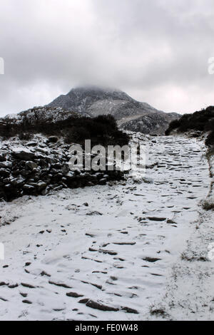 Winter Schneefall am Berg Tryfan Snowdonia National Park Wales Stockfoto